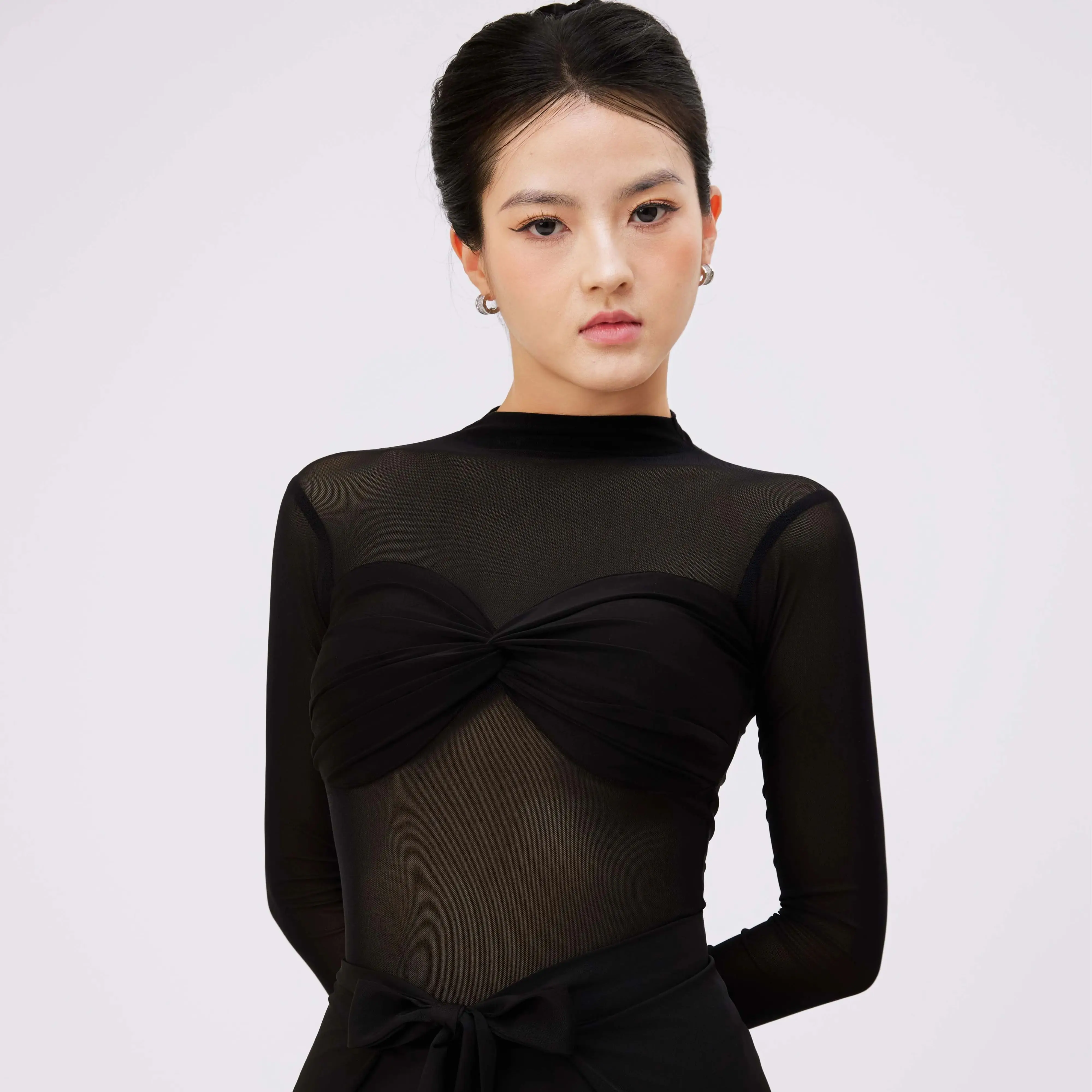 Ropa de baile moderna para mujer, Top con perspectiva de malla de manga larga, Chacha, Rumba, Tango, trajes de baile de salón latino, DN22328