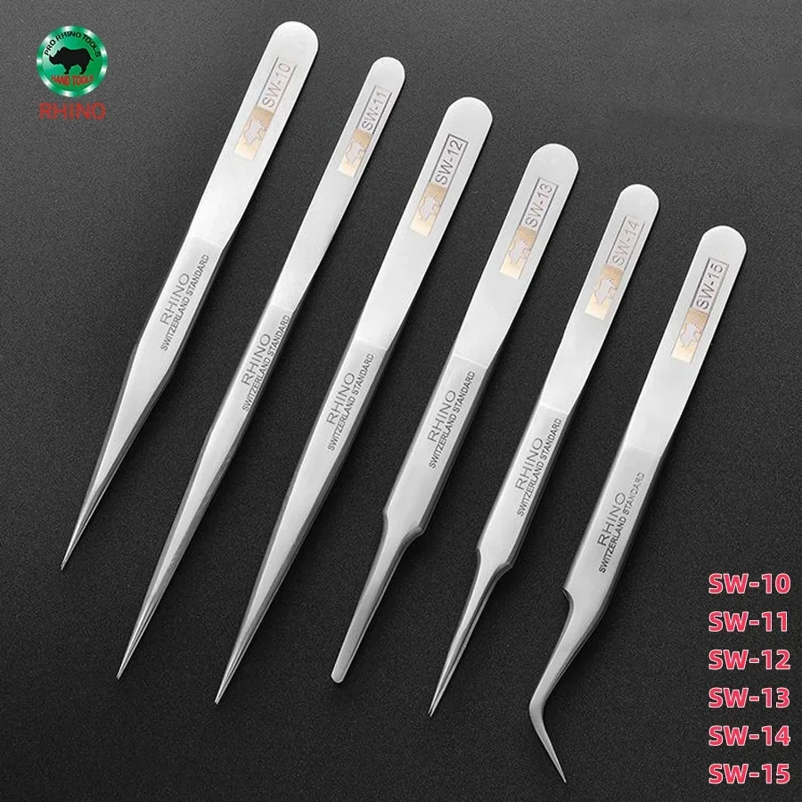 Japan rhino SW series tweezers anti-magnetic anti-acid frosted precision straight elbow tweezers maintenance clamp hand tools