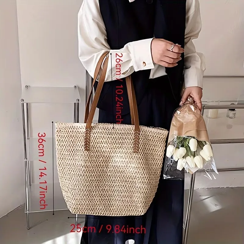 حقيبة كتف للشاطئ منسوجة صيفية فرنسية، حقيبة حمل مفردة بنمط مضفر، حقيبة ترفيهية للإبط، حقيبة تسوق كبيرة للنساء