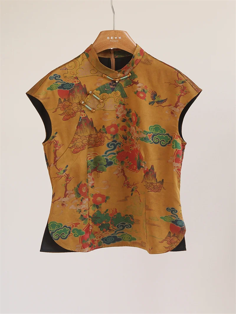 

Шелковая блузка из шифона с принтом, женская, с асимметричным вырезом, винтажная, универсальная, в новом китайском стиле, Fanyoo, лето 2025