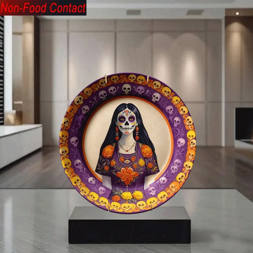 2D Flat, 1pc Mexican Day of the Dead Ceramic Decorative Plate - Non-Food Contact Safe, Vibrant Purple & Orange Skull Design