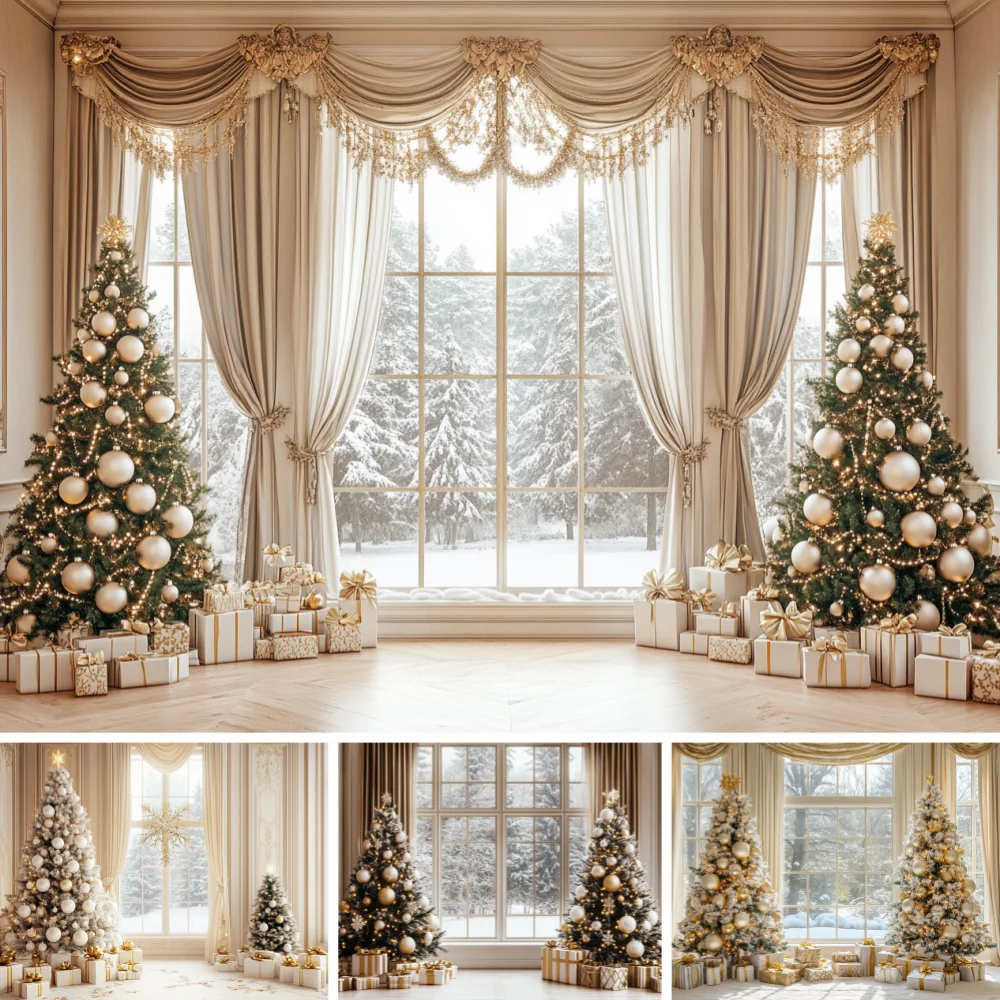 Curtain Window Christmas Photo Backdrop Xmas Tree Gift Box Snow Forest View Winter Family Portrait Studio Background Prop