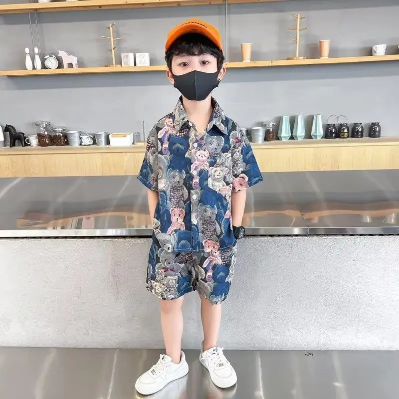 Summer Teenage Boy Clothes Set Cartoon Bear Short Sleeve Lapel Shirts and Shorts Suit Children's Boys Top and Bottom Streetwear