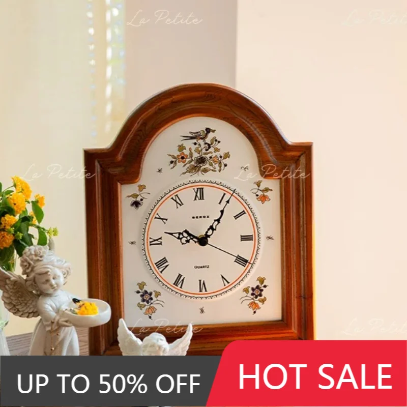 Vintage Clock Solid Wood Desk Clock Silent Quartz Roman Numeral Wall Clock Decorative Table Watch Living Room Decor Ornament
