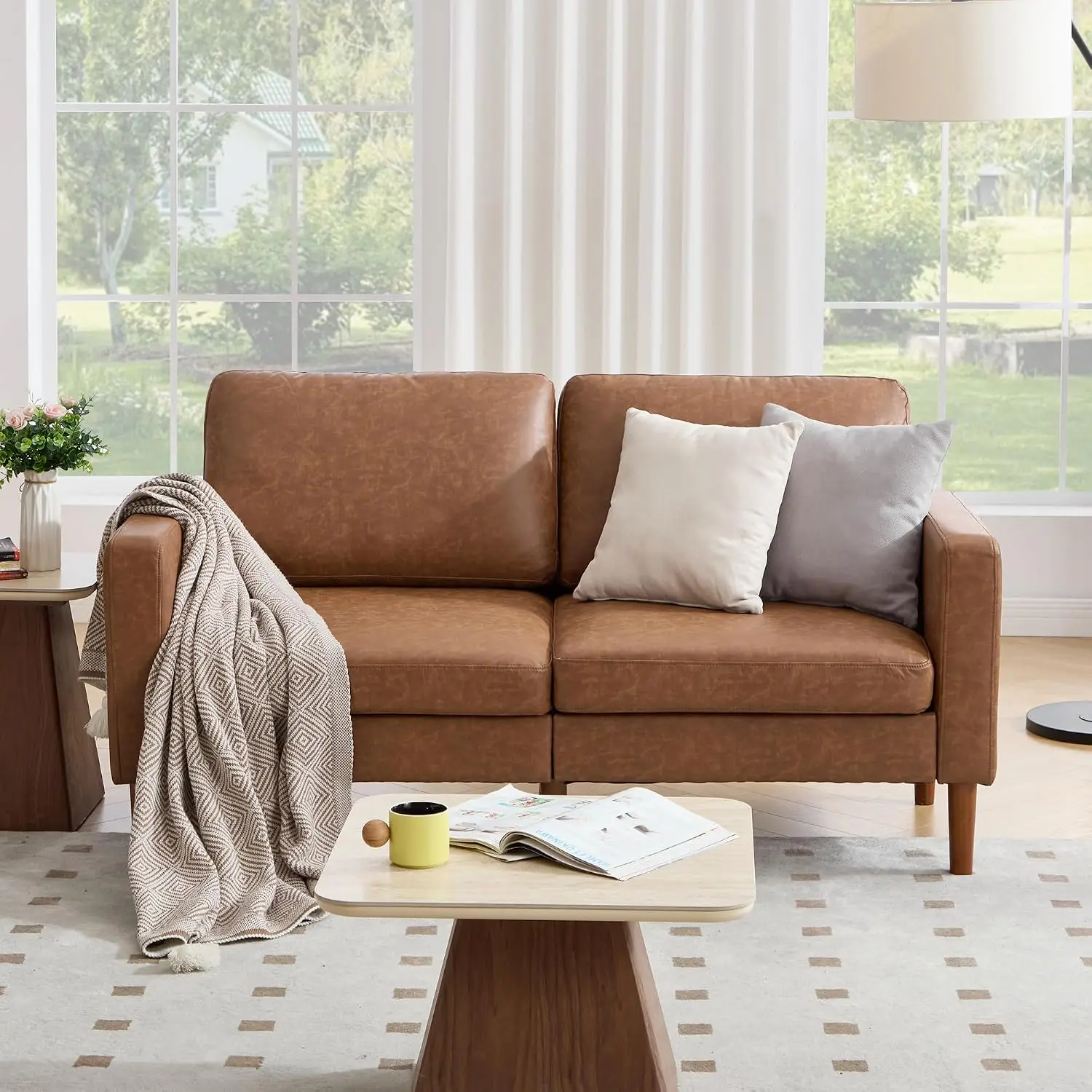 65” Faux Leather Loveseat Sofa, Mid Century Modern Couch with Solid Wood Frame for Living Room and Bedroom, Customized