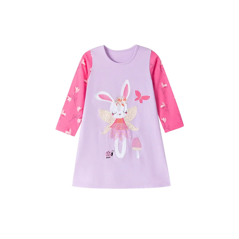 

2025 New Long Sleeve Pink Purple Little Rabbit Cute Cartoon Color Printing All Cotton Casual Girl Beautiful and Comfortable Dres