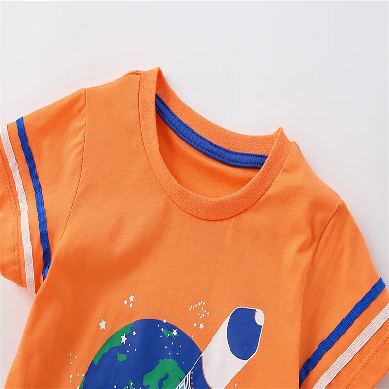 Camiseta infantil de algodão, foguete laranja, meninos e meninas, camiseta casual infantil, tops para crianças verão, nova chegada