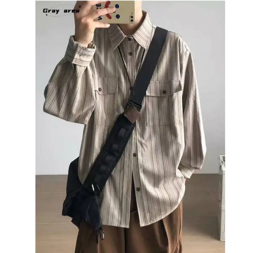 Spring Autumn Japanese Style Set Retro Vertical Stripe Long Sleeve Shirt  Unisex College Style Loose Casual Layering Blouse