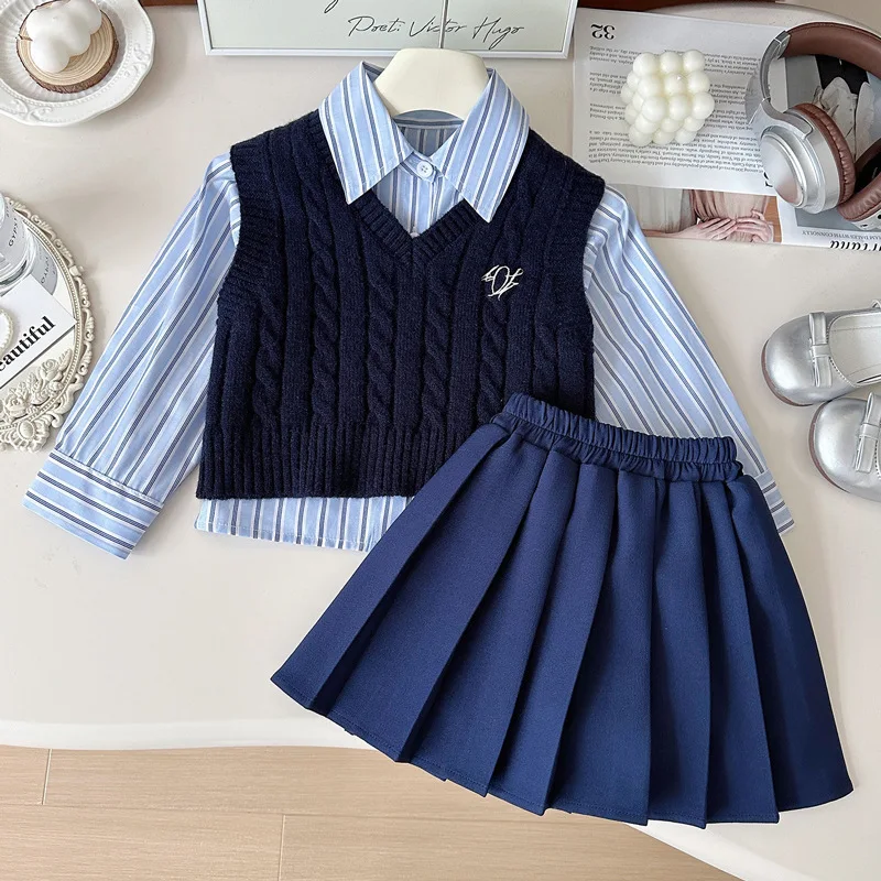 

2025 Girls School Uniform Outfits Knit Vest+Striped Shirt+Pleated Skirt 3PC Spring Autumn Preppy Suit Children Fashion Clothes