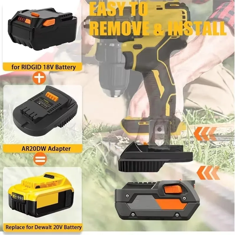 AR20DW battery adapter converts for Ridgid AEG 18v Lithium battery to for DeWalt 18v-20v Max lithium battery