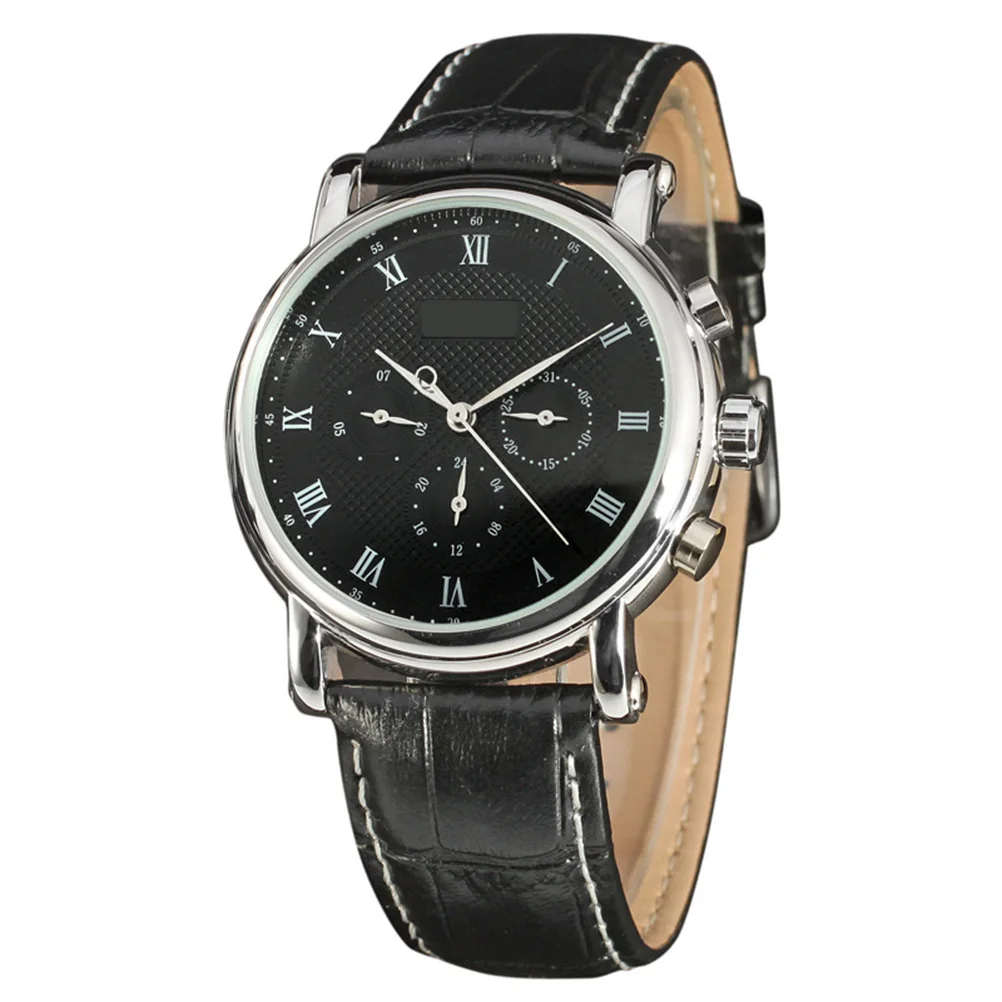 

Men'S Automatic Mechanical Wrist Watch Pu Band Black Silver Stainless Steel Time Date Display Business Watch For Men
