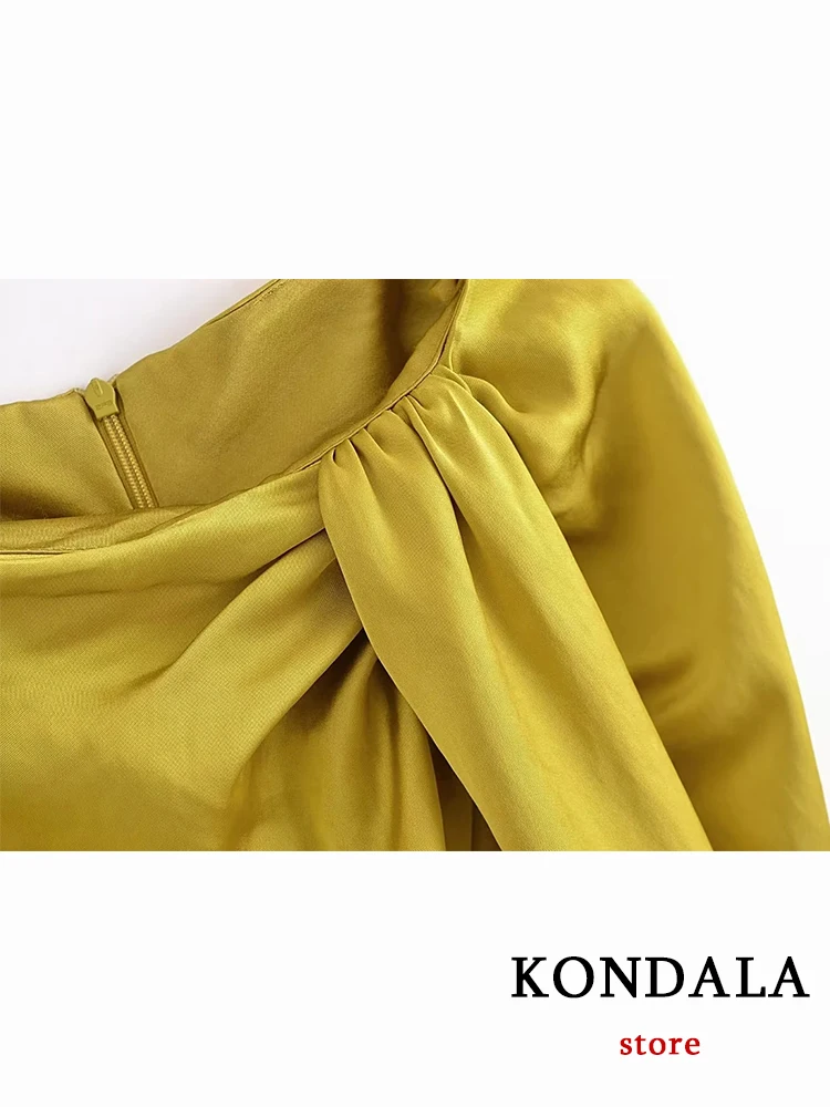 KONDALA Chic Solid Yellow Silk Luxury Single Sleeve Diagonal Collar Bare-midriff Pleated Women Dress Long Night Party Vestido