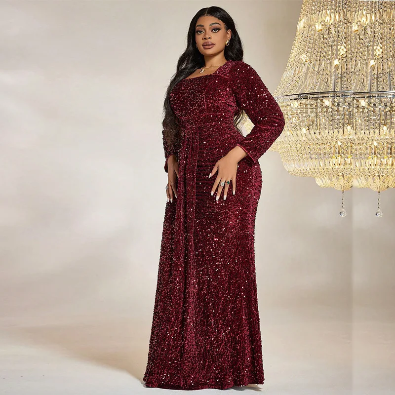 Women Luxury Party Dresses Plus Size Long Sleeve Square Neck Sequins Red Elegant Dress Temperament Fashion Lady Evening Dresses