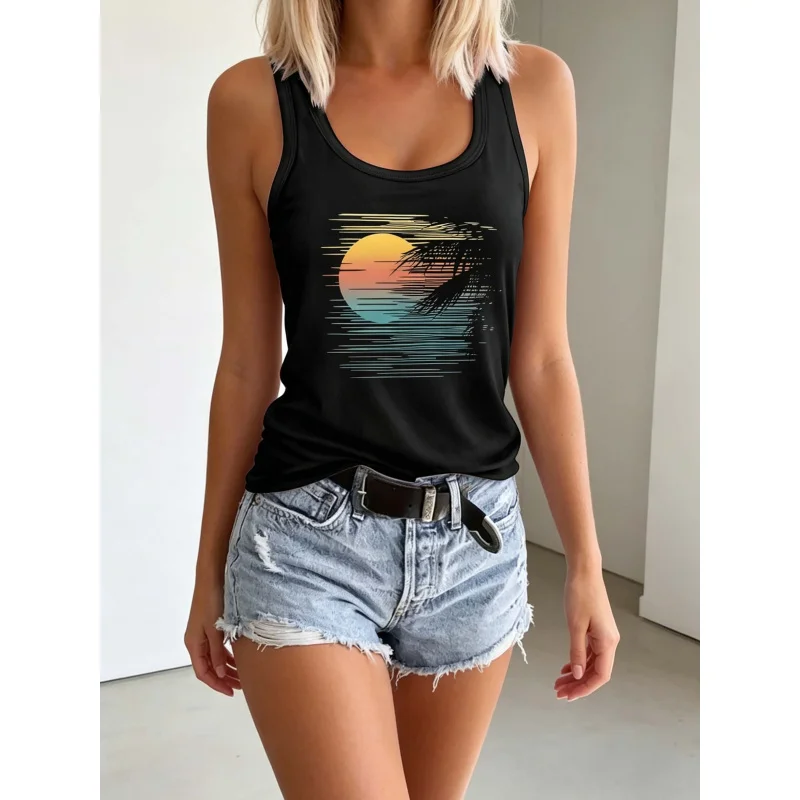 Kokosnussbaum- und Sonnenaufgang-Print, lässiges, ärmelloses Damen-Oberteil mit Rundhalsausschnitt und grafischem V-Ausschnitt, Sommermode für Damen
