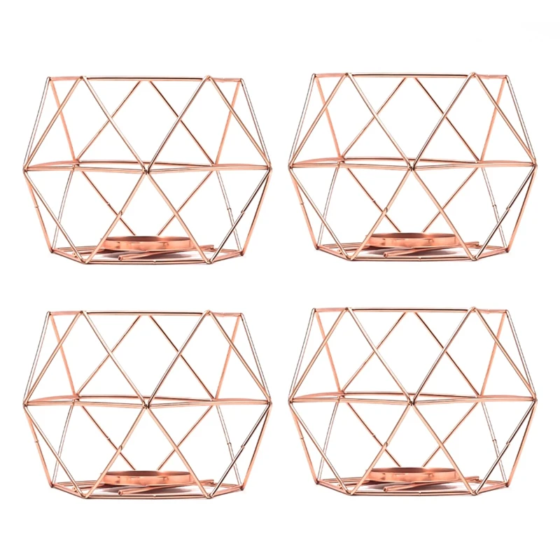 

4 PCS Rose Gold Metal 3D Geometric Iron Wire Candle Holder Tea Light Candlestick Lantern For Wedding Holidays Ornaments