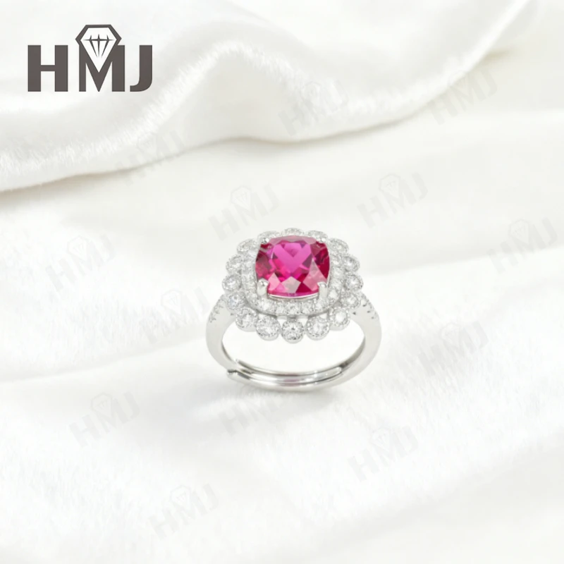Ring Cushion Cut Flower Shape Lab Grown Gemstones Ruby Sapphire Padparadscha 925 Silver Engagement Vintage Style Elegant Gifts