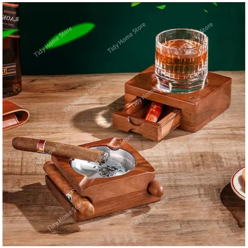 Cigar ashtray with whiskey cup holder, drawer storage, practical