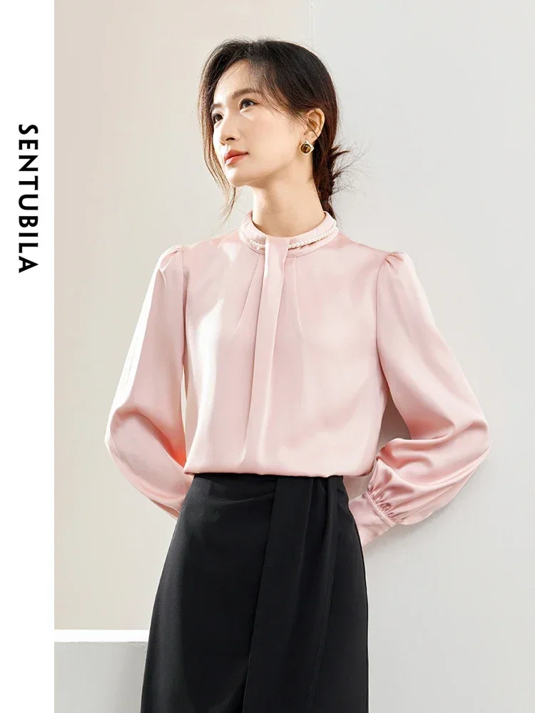 SENTUBILA Women High-end Satin Blouse 2024 Spring Autumn Elegant Long Sleeve Tops Lady Commute Pink Shirts & Blouses 141V53329