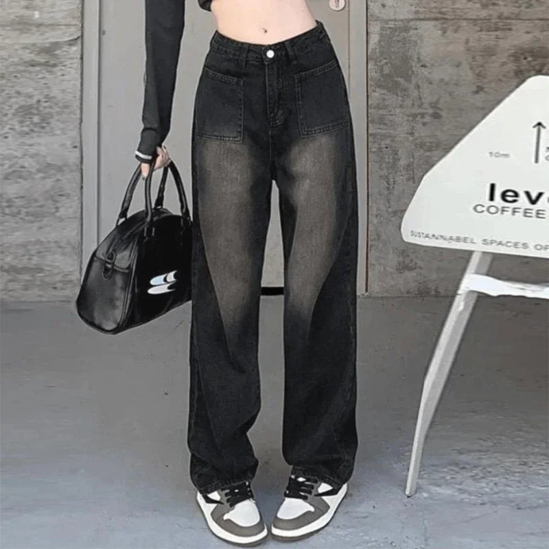 

Women Long Pant Jeans Denim Wide Leg Pants High Waist Casual Loose Elegant Splice Regular Autumn Winter Straight Trousers