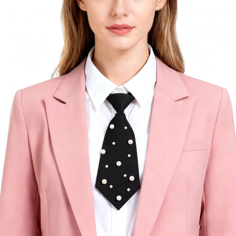 Elegant Preppy Pearl Bead Long Necktie Versatile College Academic Shirt Uniform Accessories For Women