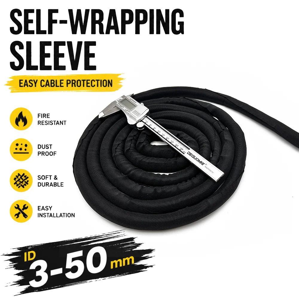 Self-Closed PET Expandable Braided Sleeve Insulated Wrap Self Closing Sleeved Cable Protection Line Organizer Black ID 3mm-50mm