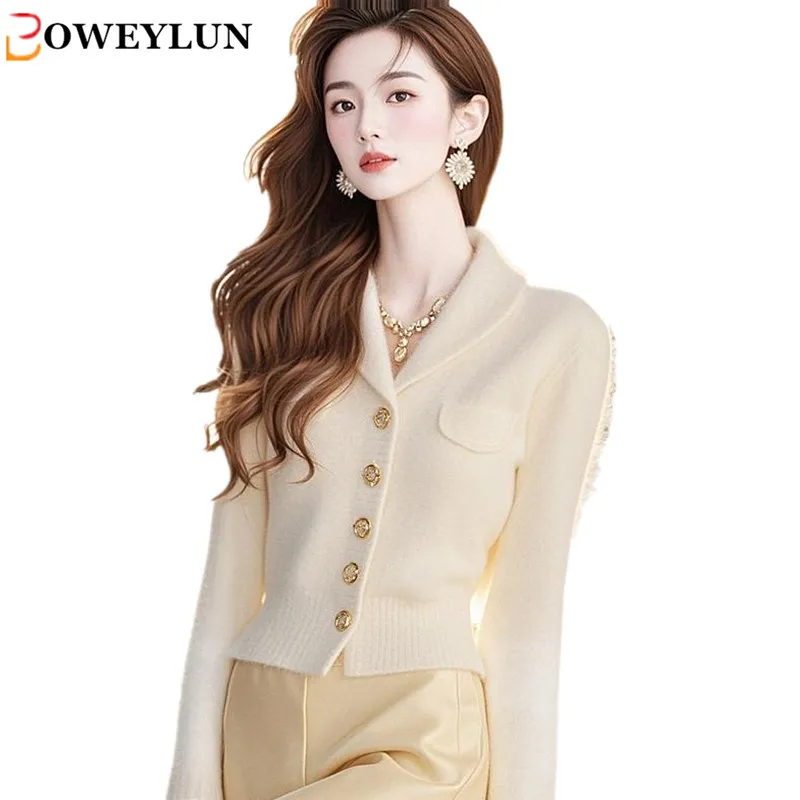 

BOWEYLUN Autumn Long Sleeve Sweater Coat Top Women Spring Fashion French Style Premium Slimming Apricot Knit Cardigan Girls