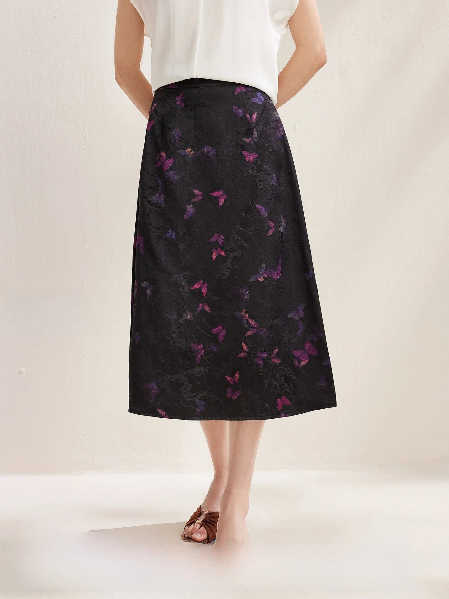 

Elegant Floral Print Silk Chiffon Midi Skirt Women's A-Line Half-length Spring Summer New Arrival by Zhao Jun