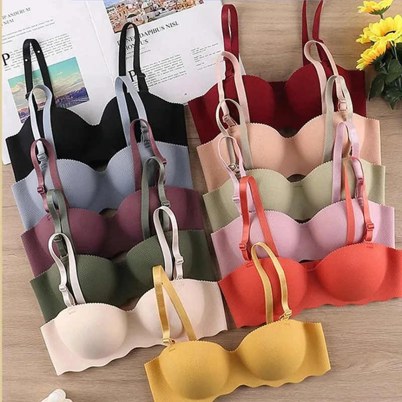 Female Gather Removable Shoulder Strap Solid Color Wireless Lingerie One-pieces Sexy Bras Push Up Seamless Underwear for Women