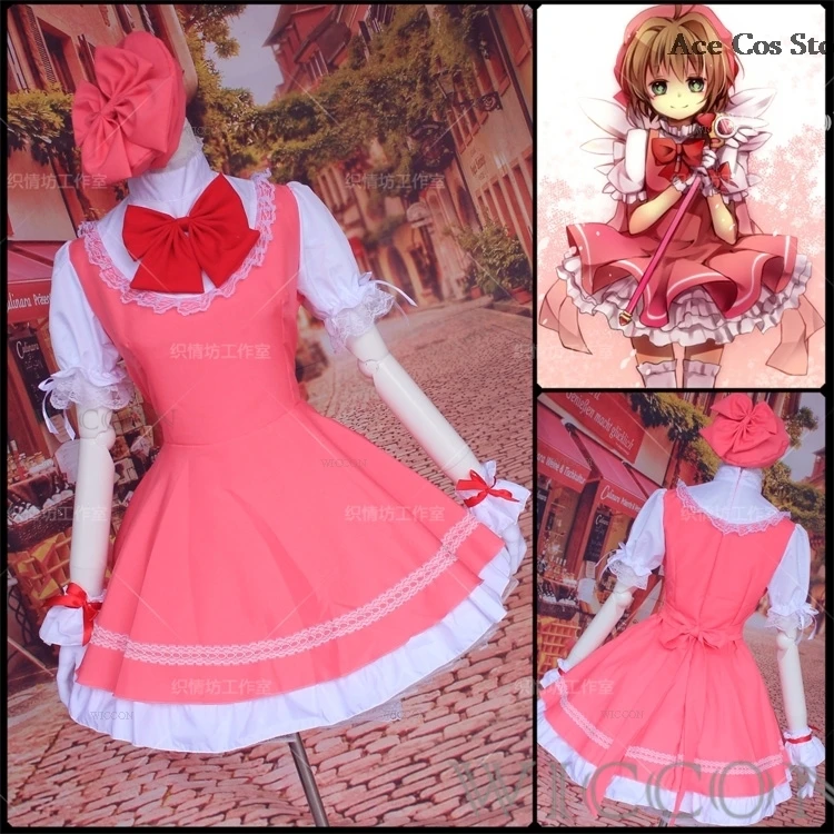 Anime Sakura Kinomoto Cardcaptor Sakura Cosplay Kostuum Pruik Magic Girl Roze Jurk Pruik Riet Uniform Halloween Pak