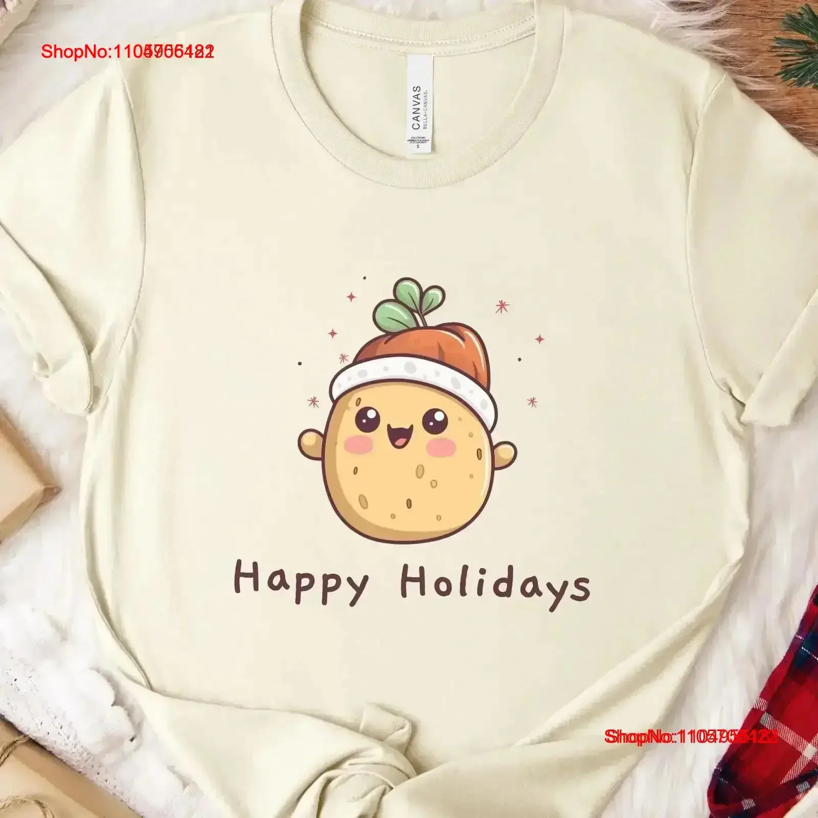 Happy Holidays Potato T shirt Features a Festive Spud with Santa Hat Fun Christmas Holiday Apparel for Tater Lover vintage
