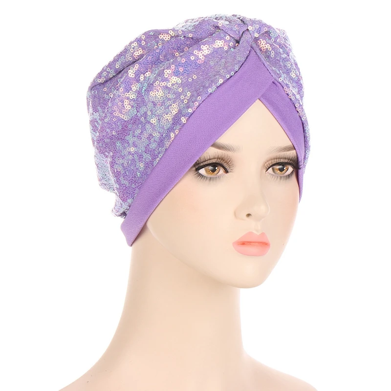 Muslim Turban Hat Women Crinkle Hijabs Ladies Bandanas Pleated Shimmer Hijabs India Sequin Bonnet Caps African Head Wraps