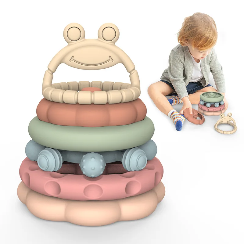 Silicone Newborn Baby Montessori Sensory Educational Classification Stacking Stackable Chewing Teether Toys 6 12 Months Babies