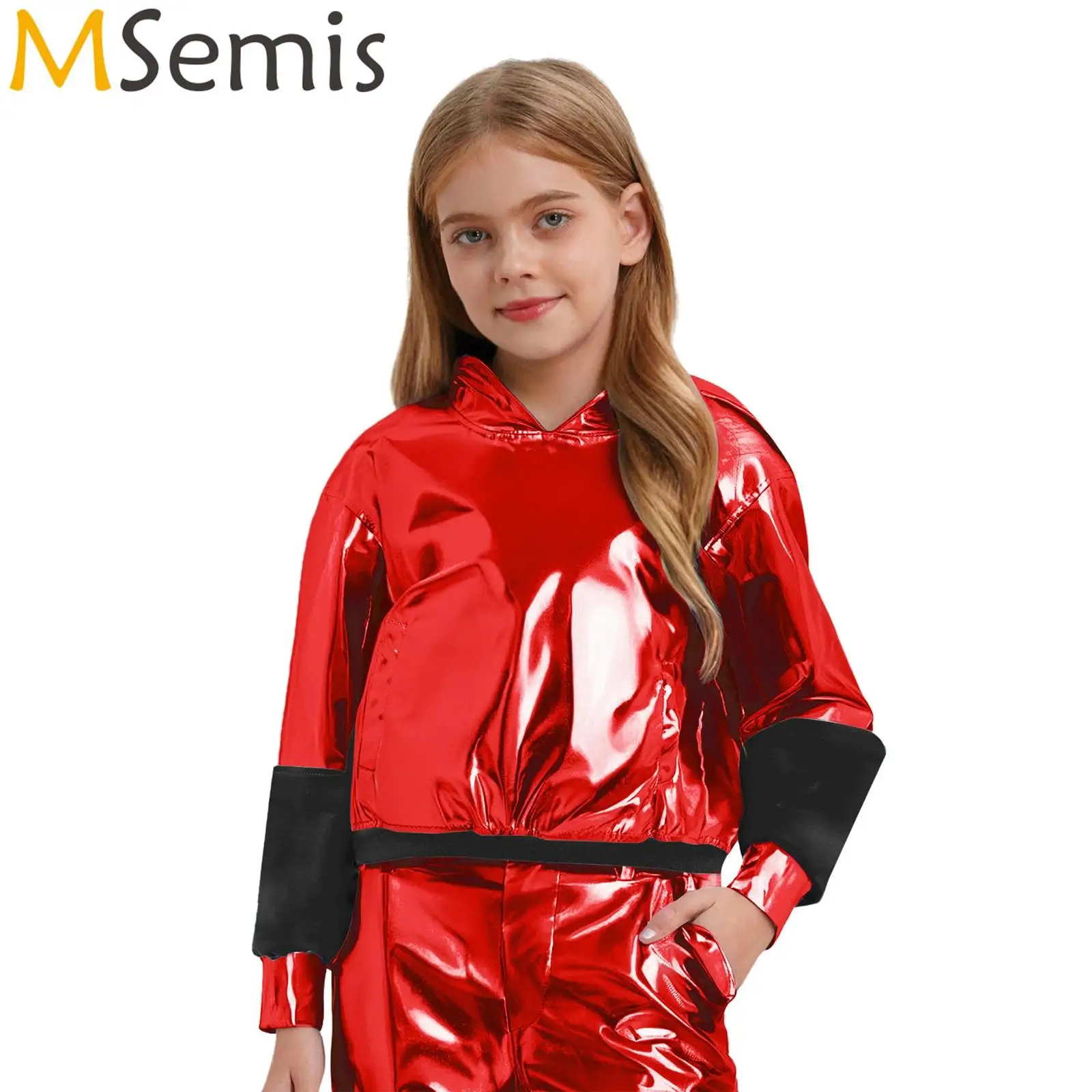 

Unisex Kids Boys Girls Metallic Hoodie Long Sleeve Shiny Hooded Pullover Sweatshirt Jazz Street Dance Stage Performance Costume