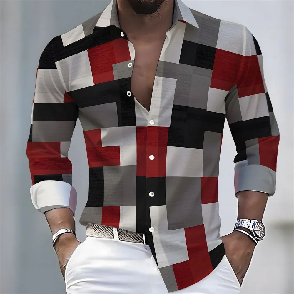 Men's Color-Block Geometric Stripe Long-Sleeve Shirt Casual Dress Shirt Long-Sleeved Casual Outdoor Street Style Fashionable Top
