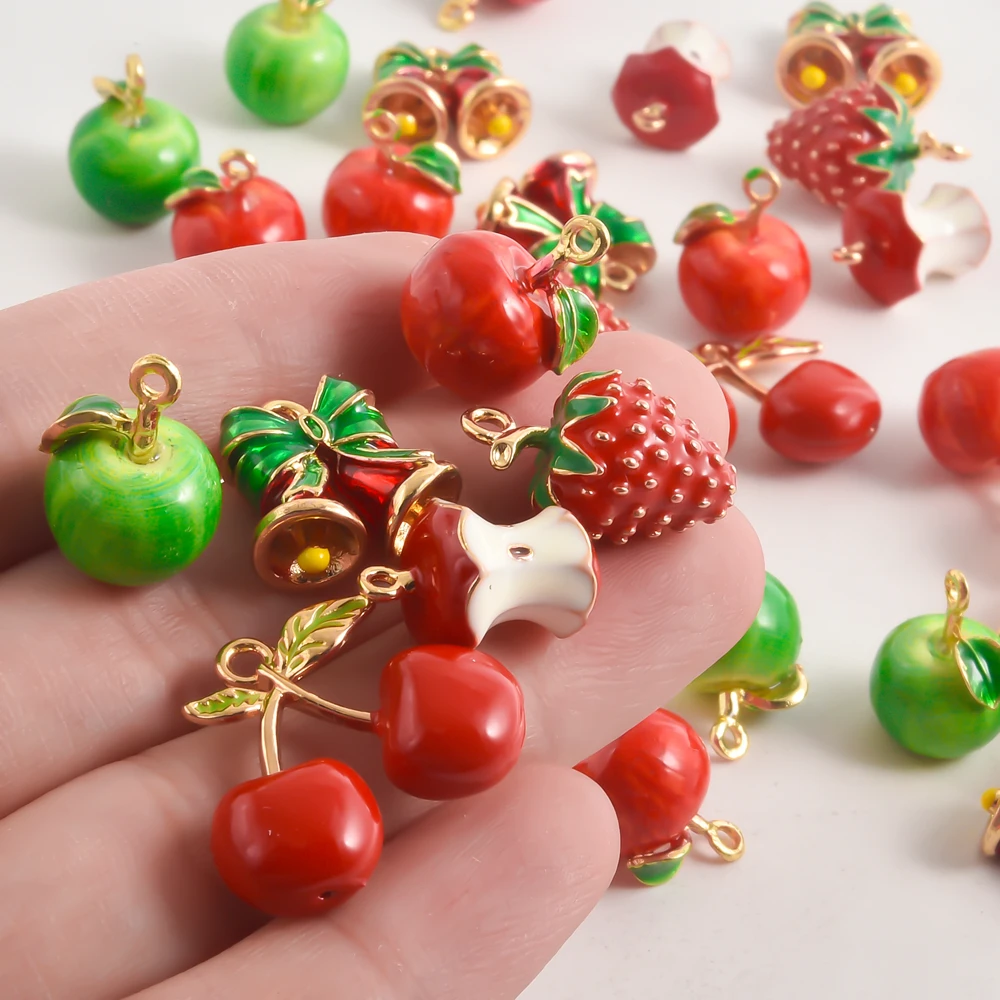 2/4Pcs kawaii Enamel Fruit Red Apple Strawberry Charms For Bracelet Jewelry Making Christmas Bell Bedels Bijoux Materiales Bulk