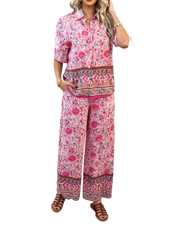 

Fashion Boho Print Two Piece Set Loose Lapel Short Sleeve Button Shirt High Waist Straight Trousers Suit Elegant Suit