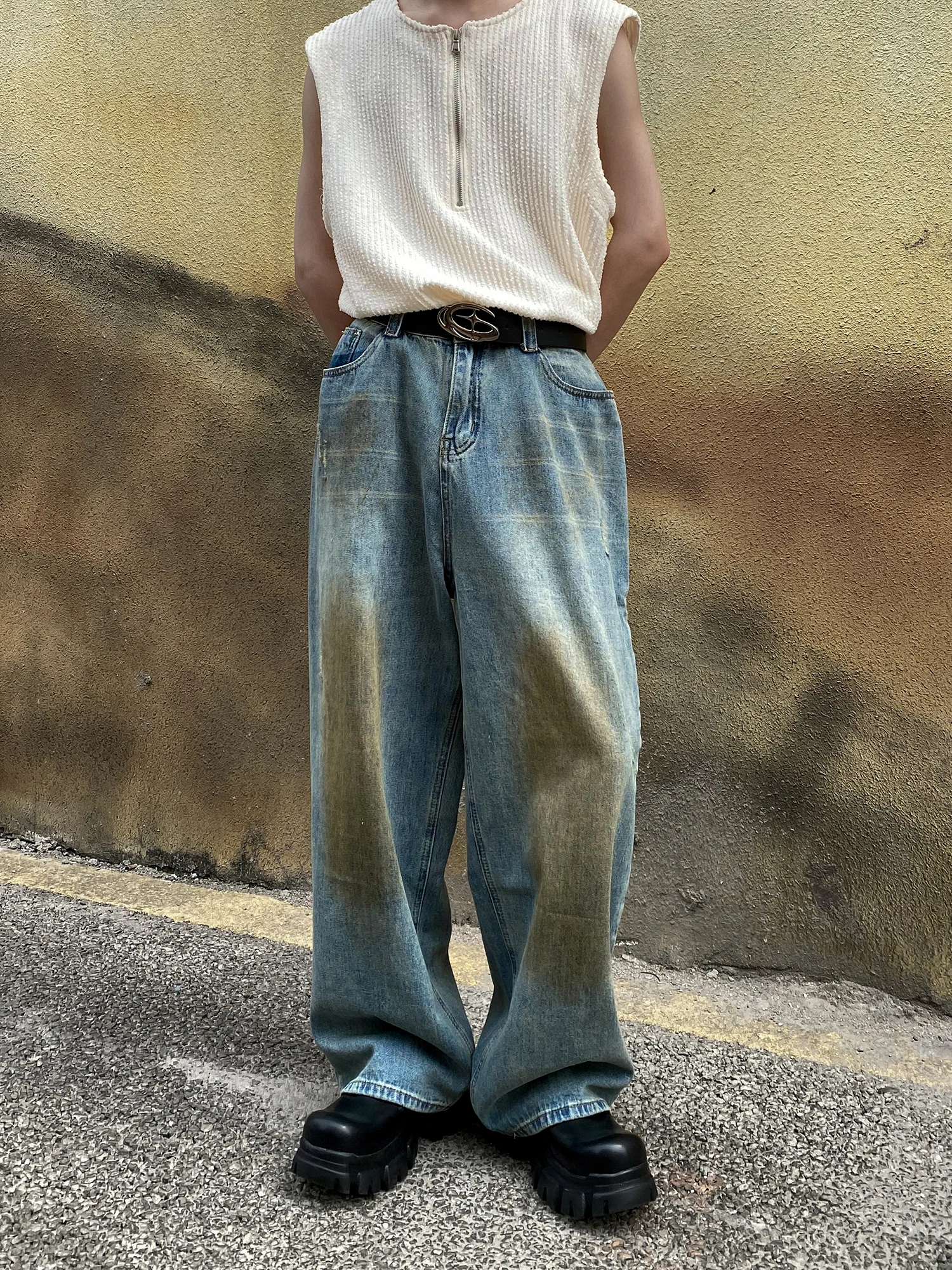 

AWE EXISTS American Retro Waed Loose Wide Leg Men's Street Sle Jeans Trendy Faded Long Trousers Casual Straight Cut Jeans