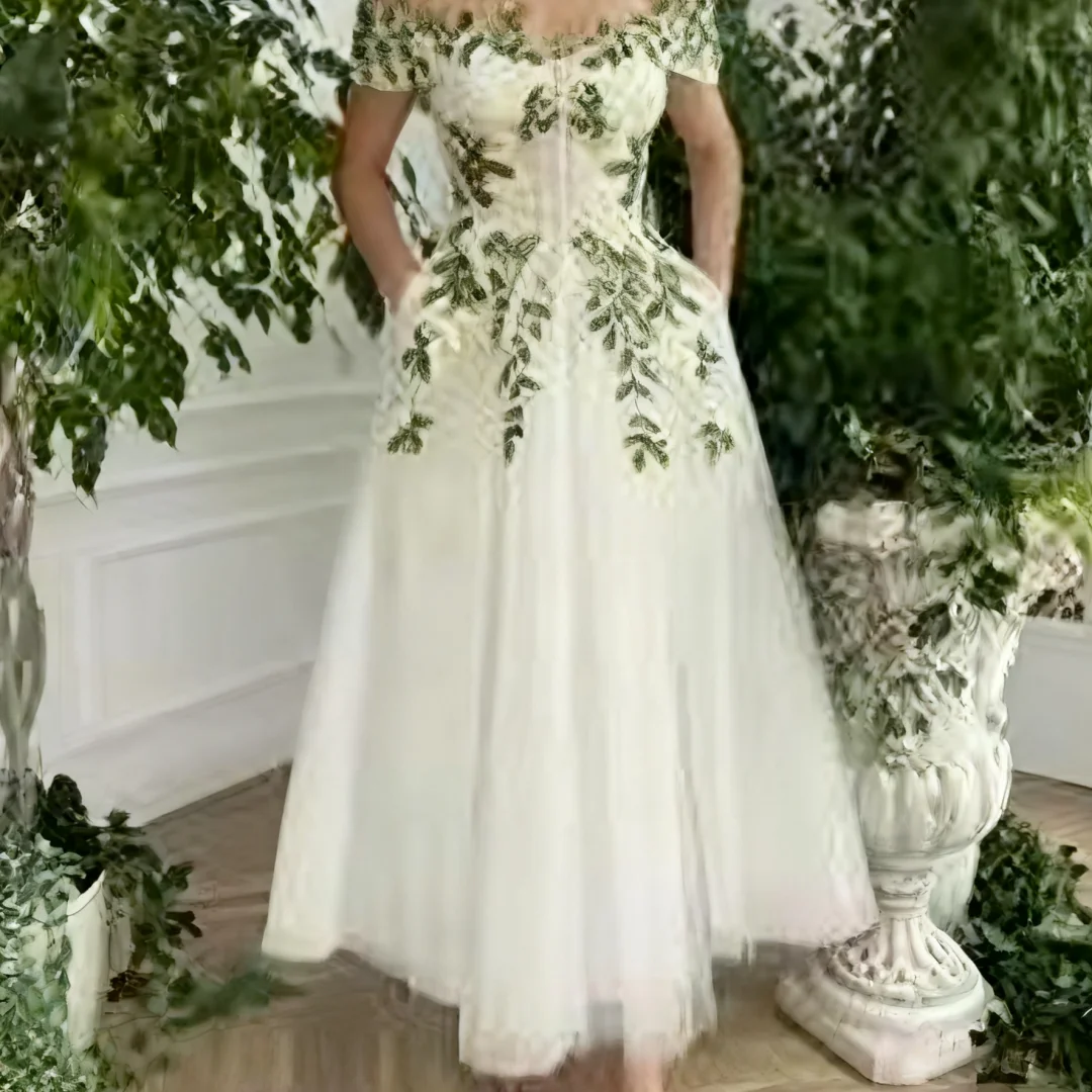 

Customized Off Shoulder Embroidery Prom Dress A-line Ankle-length formal evening dresses birthday party prom gowns for women