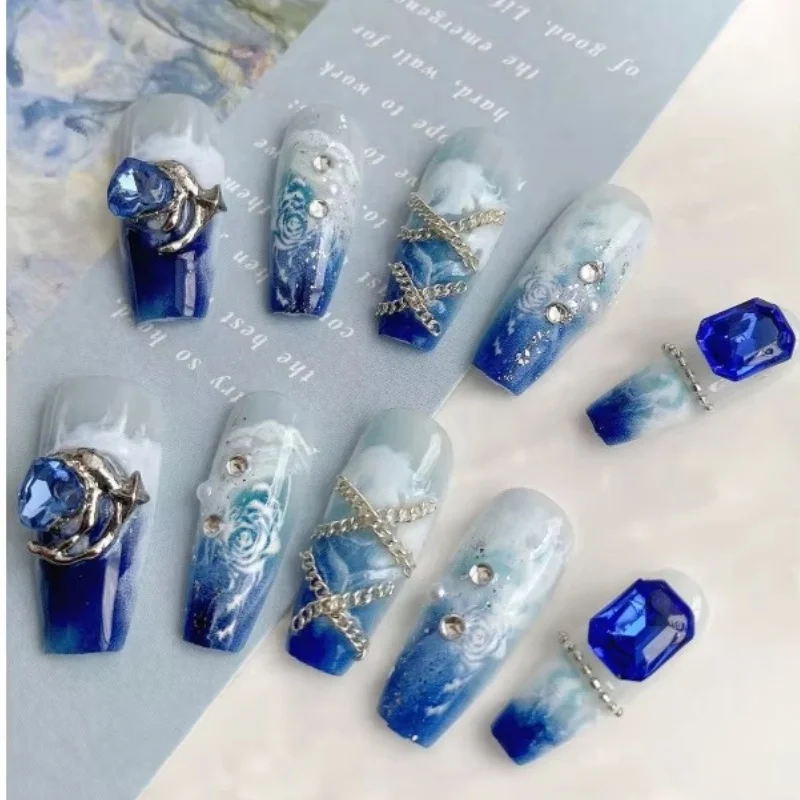 10pcs Handmade Nails Long Coffin Artificial Nail Tips Kit, Featuring Unique Ice Blue Crystal Heart Shaped Jewelry Deco