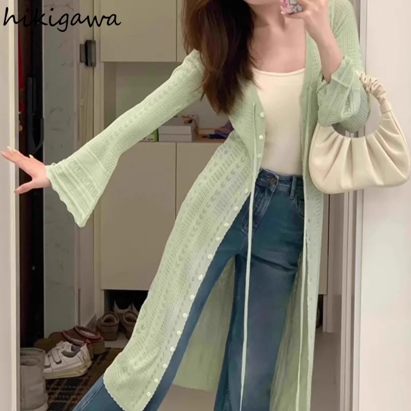 

Korean Long Cardigan Coat V-neck Bandage Flare Sleeve Sueter Mujer Tunic Hollow Out Knit Thin Sweater Women Clothes Pull Femme
