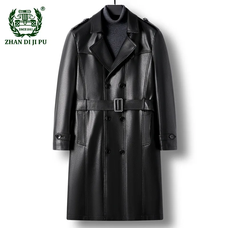 

Extra Long Double Breasted Pu Leather Jacket for Men Winter Belt PU Leather Jacket Business Formal Trench Coat Windbreaker Men