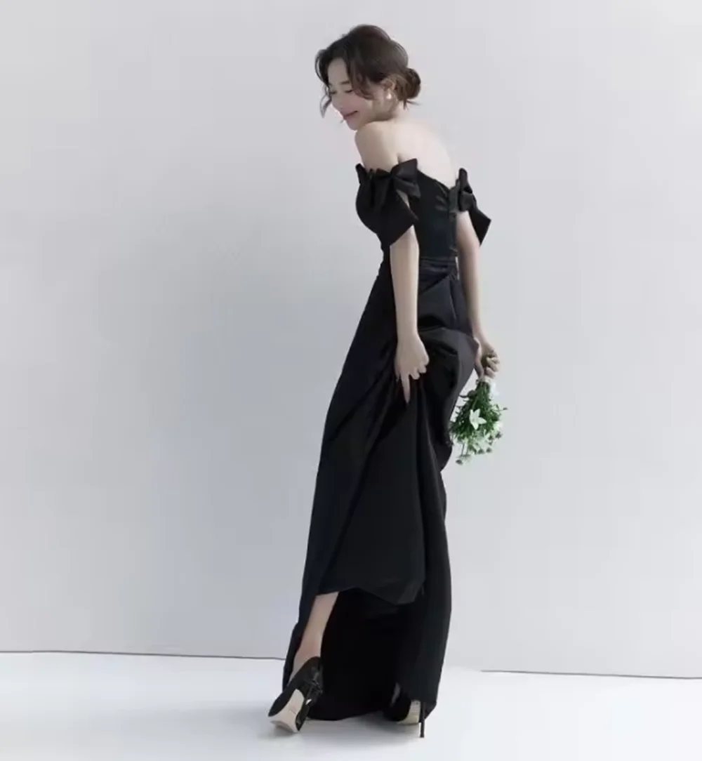 فستان زفاف من الساتان مكشوف الكتفين 2024 فستان زفاف جديد أسود رسمي على شكل حرف A للحفلات الراقصة حسب الطلب