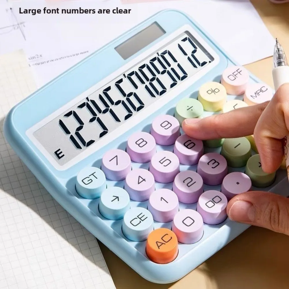 Mechanical Calculator 12 Digit Large LCD Display Big Round Button 15°Tilt Screen Cute Candy Colored Dual Power Supply Calculator