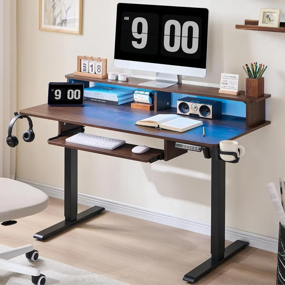 

48 Electric Standing Desk Adjustable Height, Sit Stand Up Desk with Keyboard Tray, Power Outlets, LED Lights & Monitor Shelf