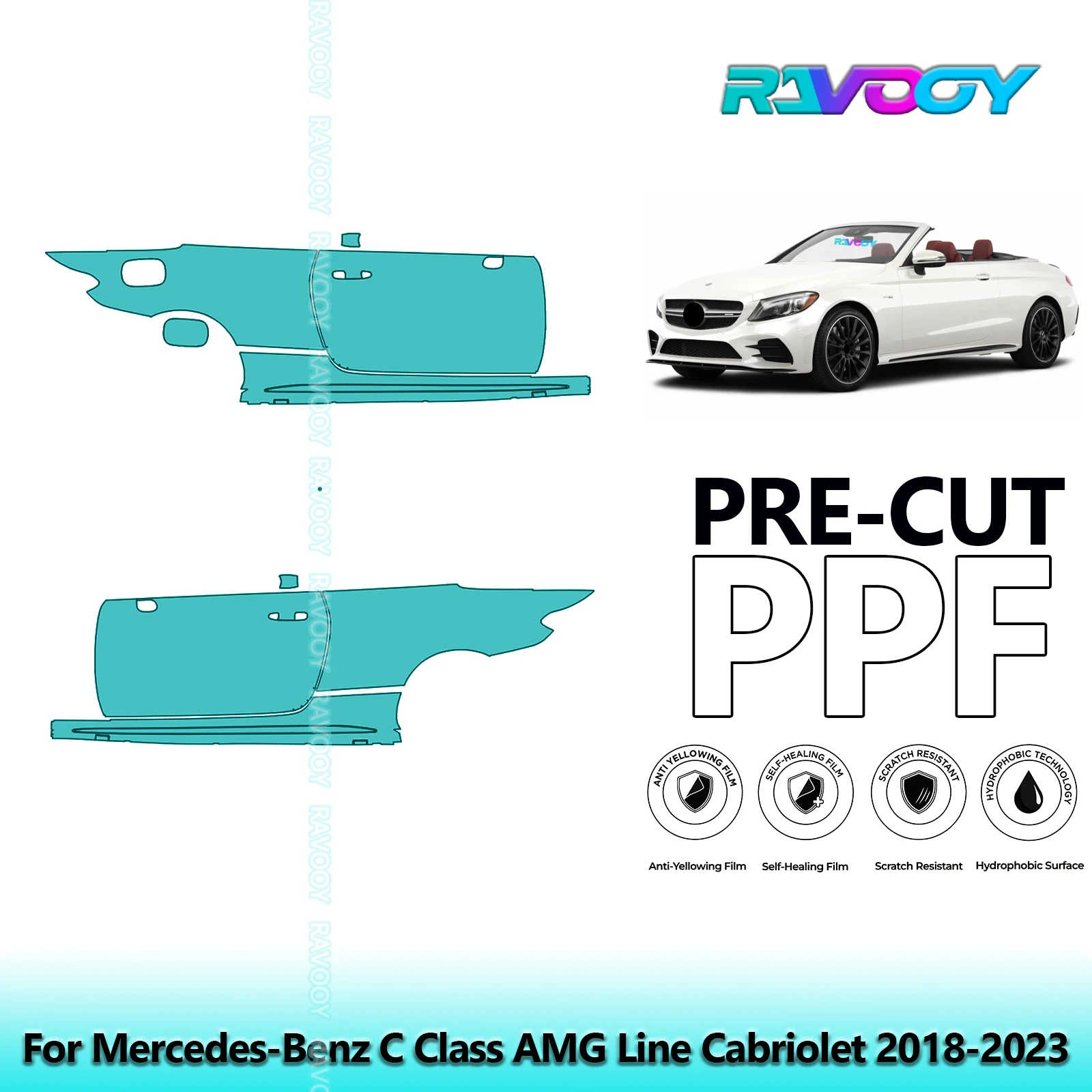 

For Mercedes-Benz C Class AMG Line Cabriolet 2018-2023 8.5mil Pre-Cut PPF Door & A/B Pillar Kit TPU Paint Protection Film Set