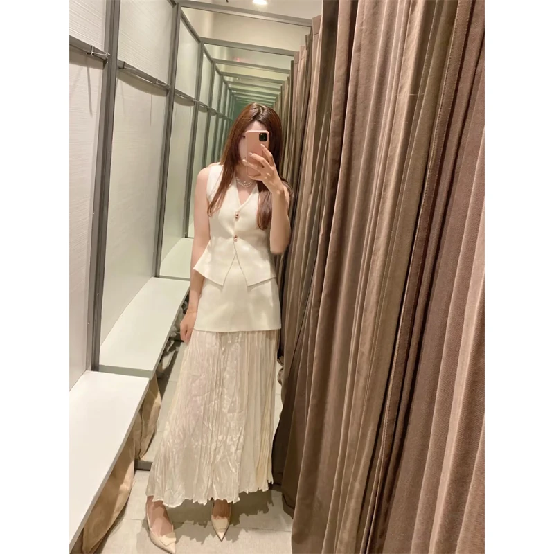 KEYANKETIAN 2025 Nowa damska dzianinowa patchworkowa plisowana spódnica MIDI Elegancka modna spódnica w kształcie litery A z wysokim stanem, wyszczuplająca, długa, z bocznym zamkiem błyskawicznym