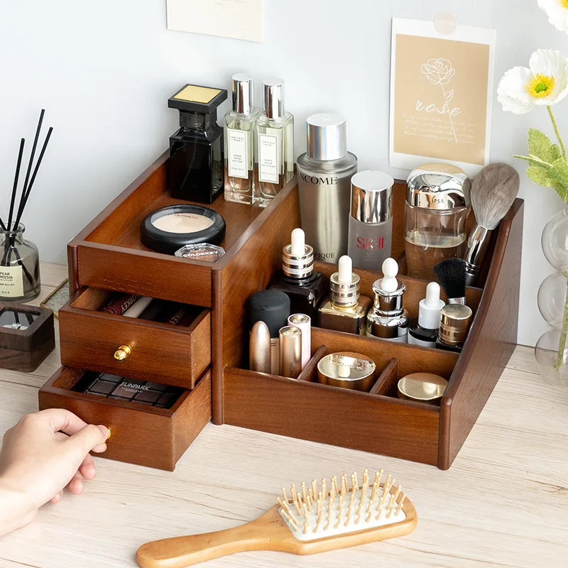 Wooden cosmetics storage box Household drawer type skin care products desktop shelf lipstick mask dresser storage