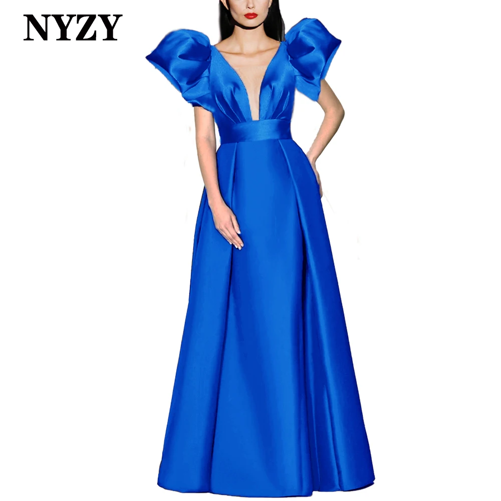 NYZY-Vestido largo de satén con mangas abullonadas y escote en V profundo para quinceañera, traje Sexy Formal de noche para graduación, color azul, P151D, 2024