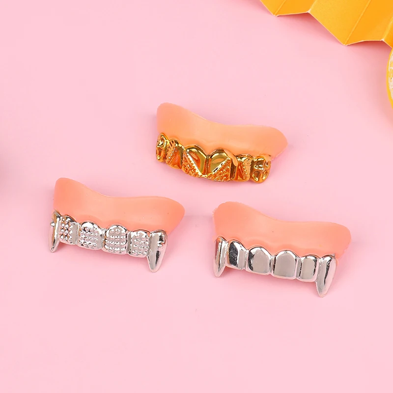 2 قطعة الأسنان الذهبية والفضية كاذبة مقلد غيبوبة الأسنان كاذبة مضحك خدعة الأقواس أزياء الهالوين مطلي #6