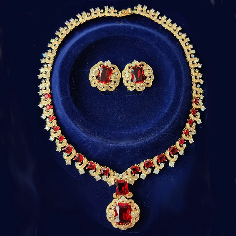 

wedding bridal jewelry sets red green silver color zircon necklace earrings 2pcs sets women anniversary gift party gown jewelry